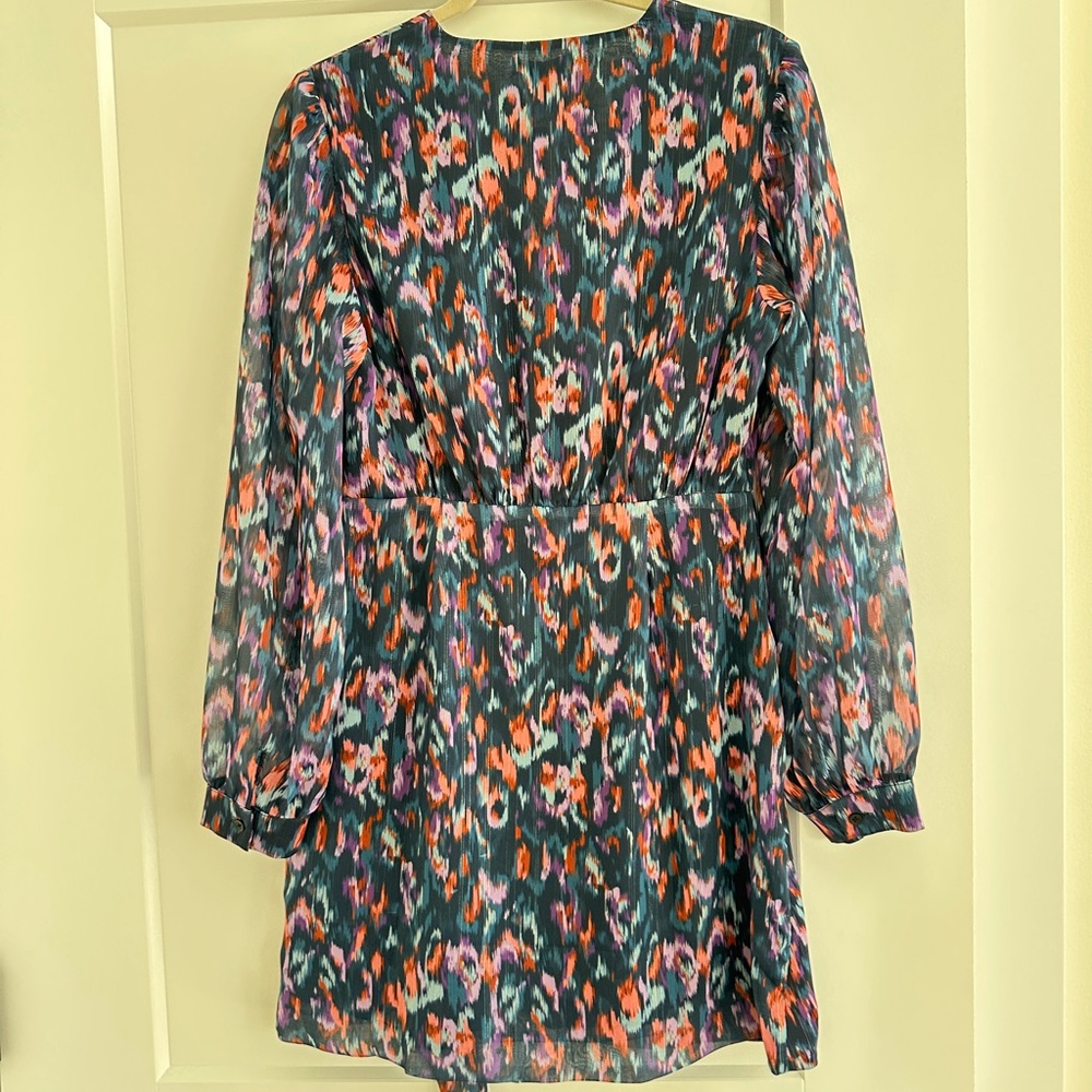 Aqua Metallic Print Faux Wrap Dress NWT M - Picture 4 of 9